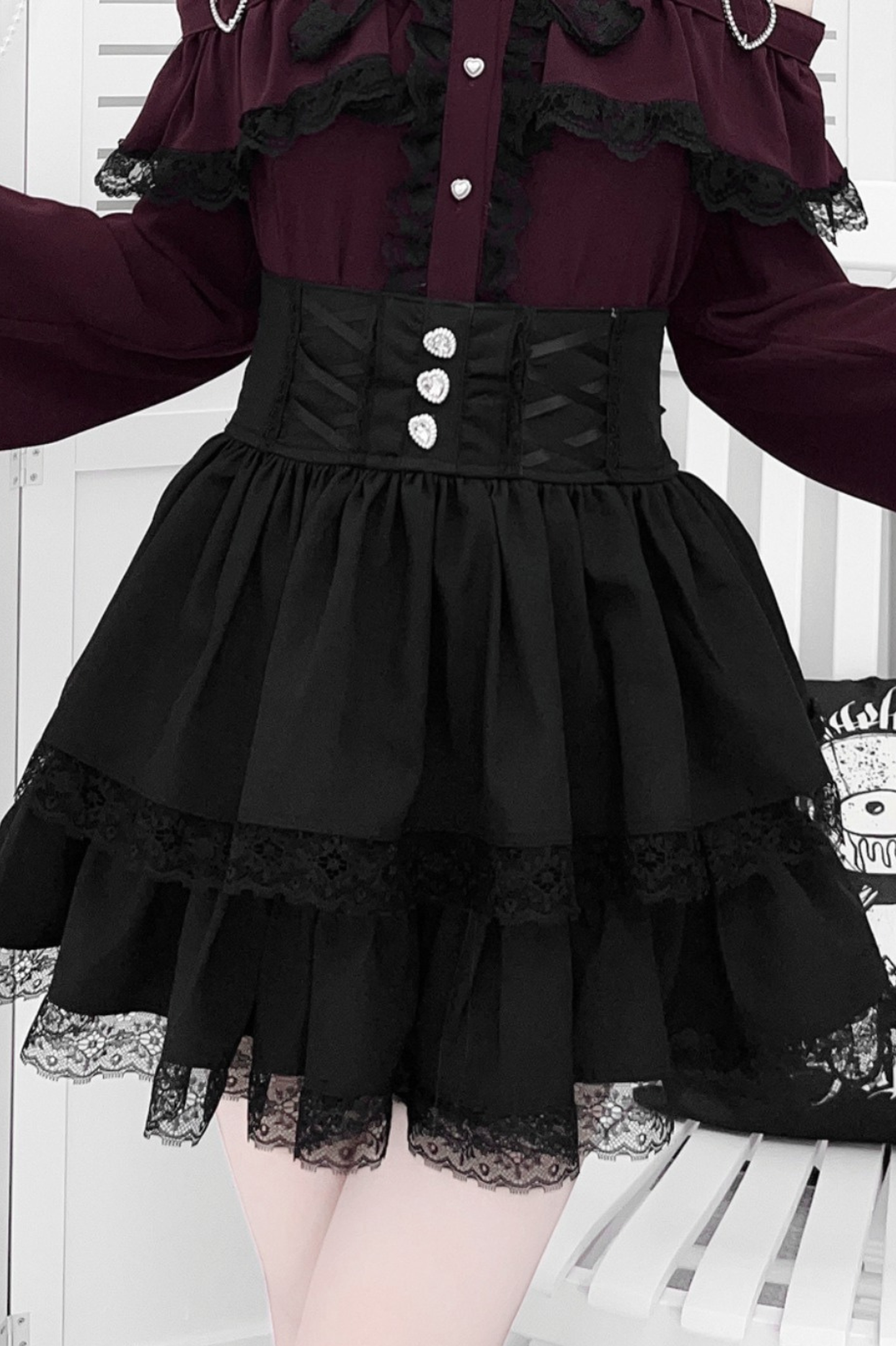 Lace off-the-shoulder shirt + lace-up skirt