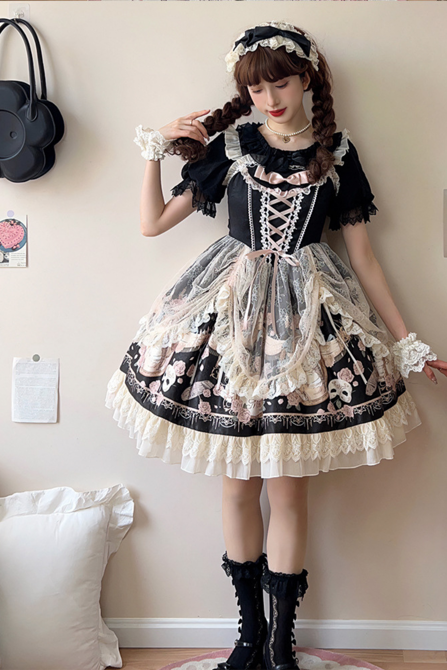 Daily Color Sweet Princess Jumper Skirt + Lace Doll Shirt