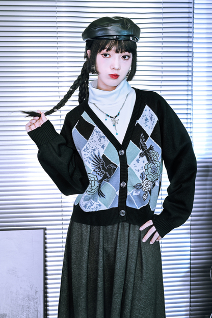 Argyle Flower Cardigan + Asymmetrical Skirt