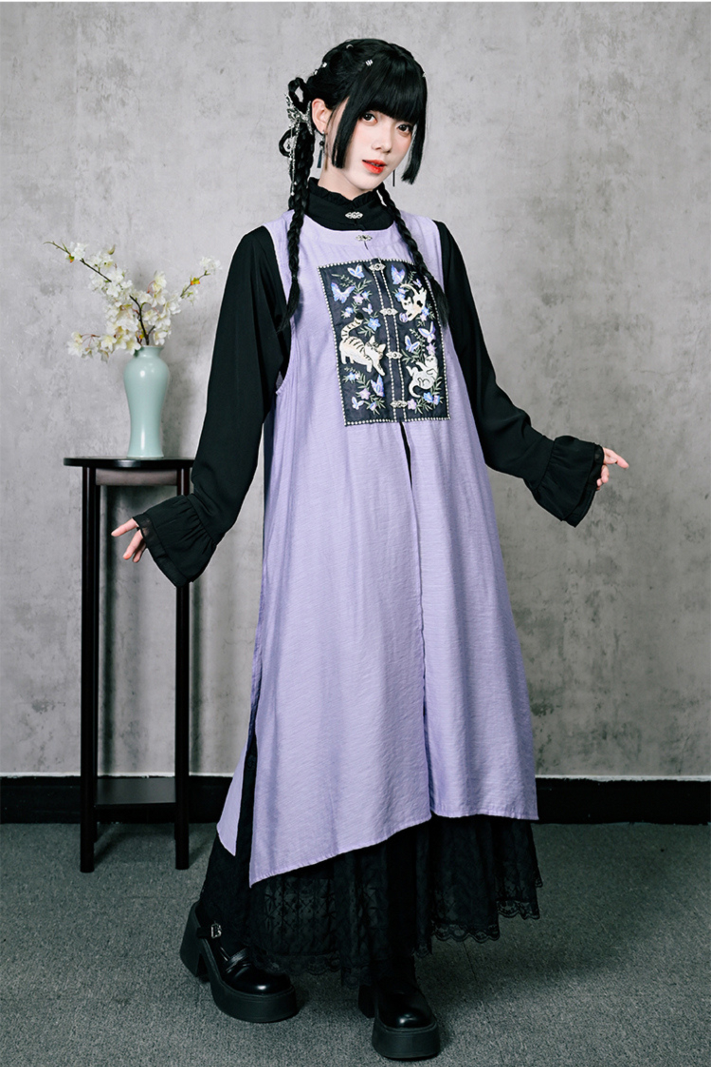 チャイナガーリーノースリーブサンドレスパッチワンピース