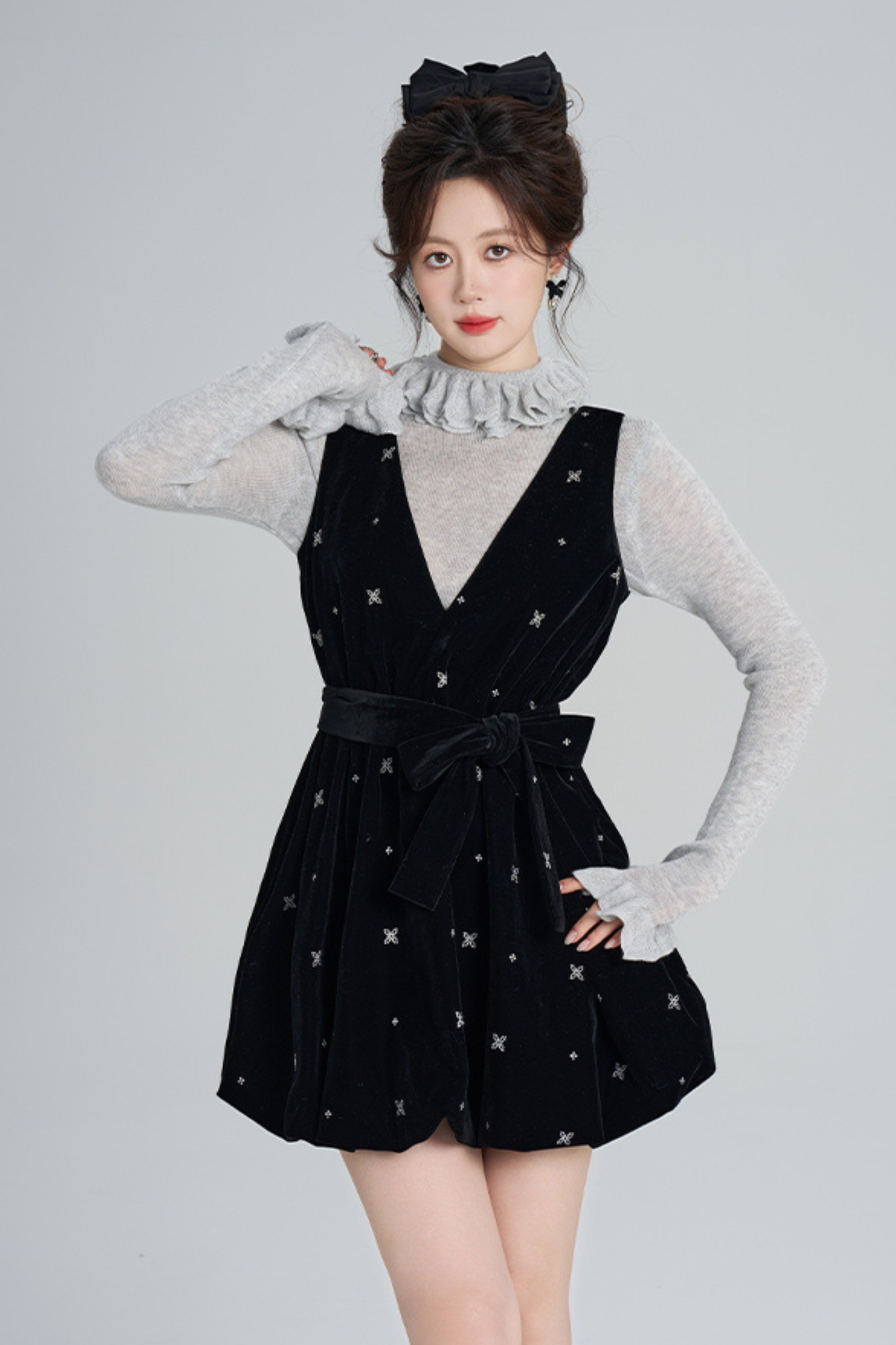 フレンチブラックベルベットリボンバルーンドレス