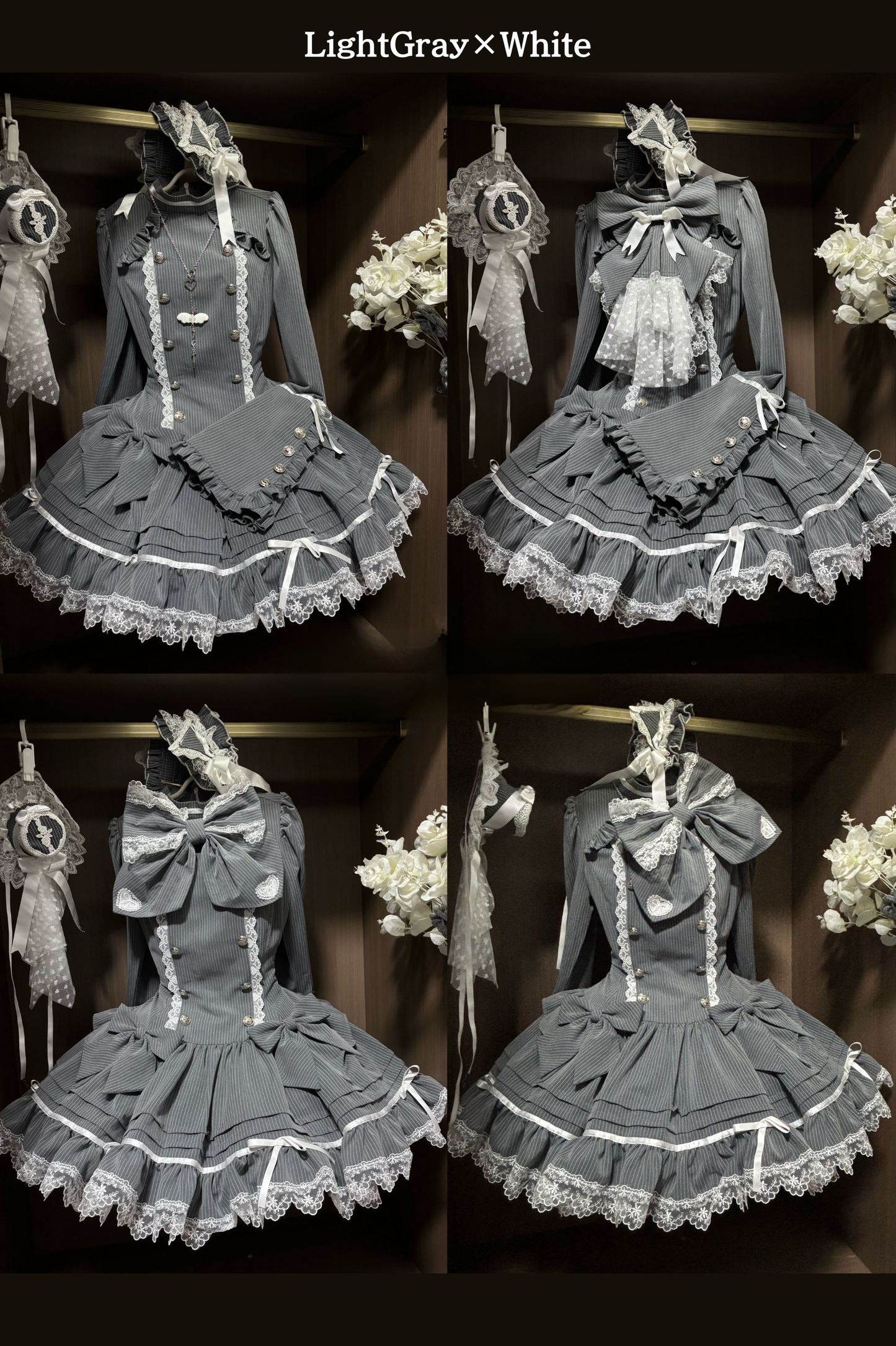 [Pre-order Deadline: April 25] Phantom Cat Sweet Ribbon Gray Stripe Lace Bell Sleeve Lolita Dress