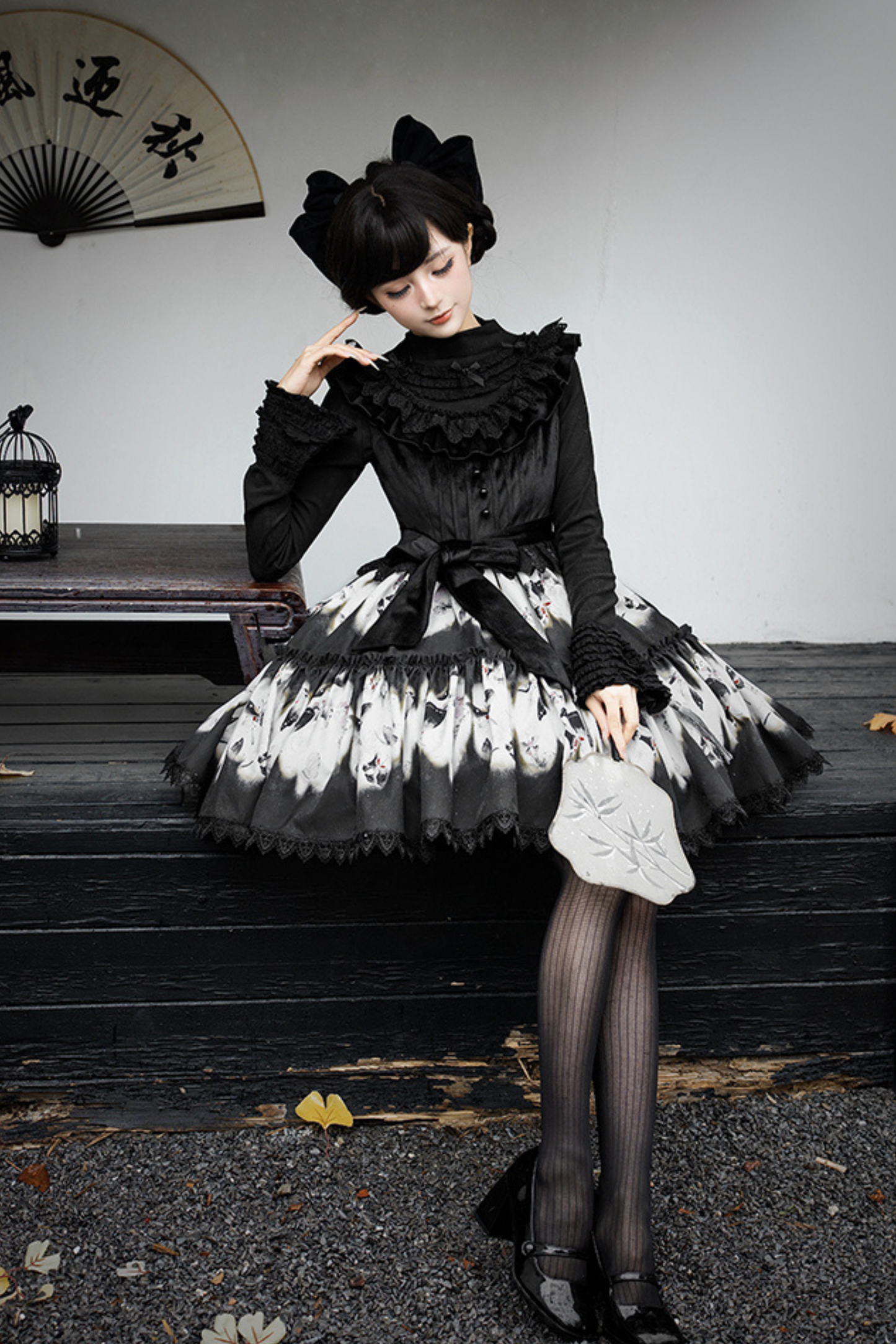 シックバタフライプリントスイングロリータドレス+ジャンパースカート+ヘアバンド+インナー+リボン