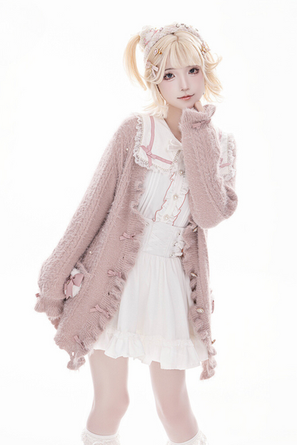 Powder Puff Ribbon Shaggy Fur Ruffle Knit Cardigan