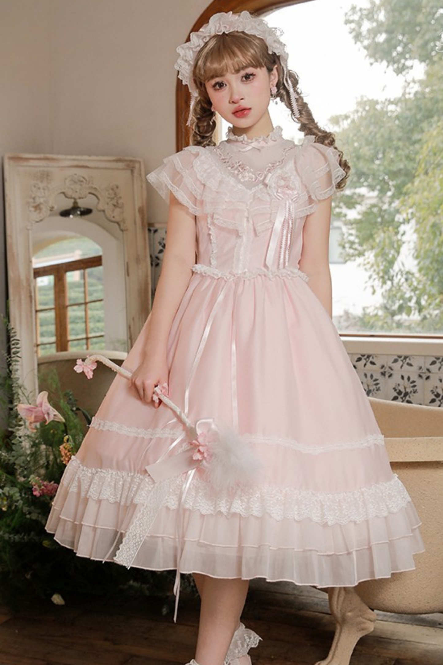 Cherry blossom color sweet princess Lolita dress + doll color top + sheer cardigan + apron