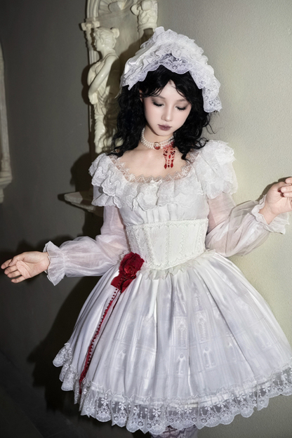 ゴシックツインズロリータドレス＋ハンドスリーブ＋ネックレス＋ヘッドバンド＋ベール＋コルセット＋取り外し可能カーテン＋コサージュ