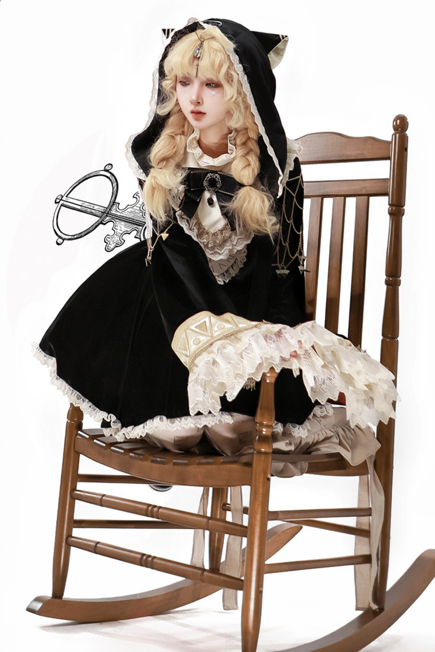 黒猫フリルクロックロリータドレス+パンプキンパンツ