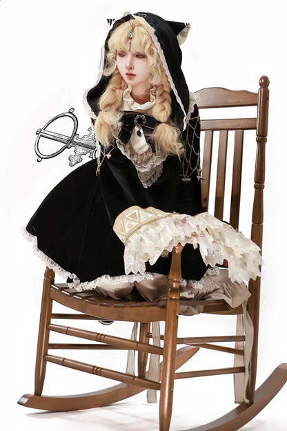 黒猫フリルクロックロリータドレス+パンプキンパンツ