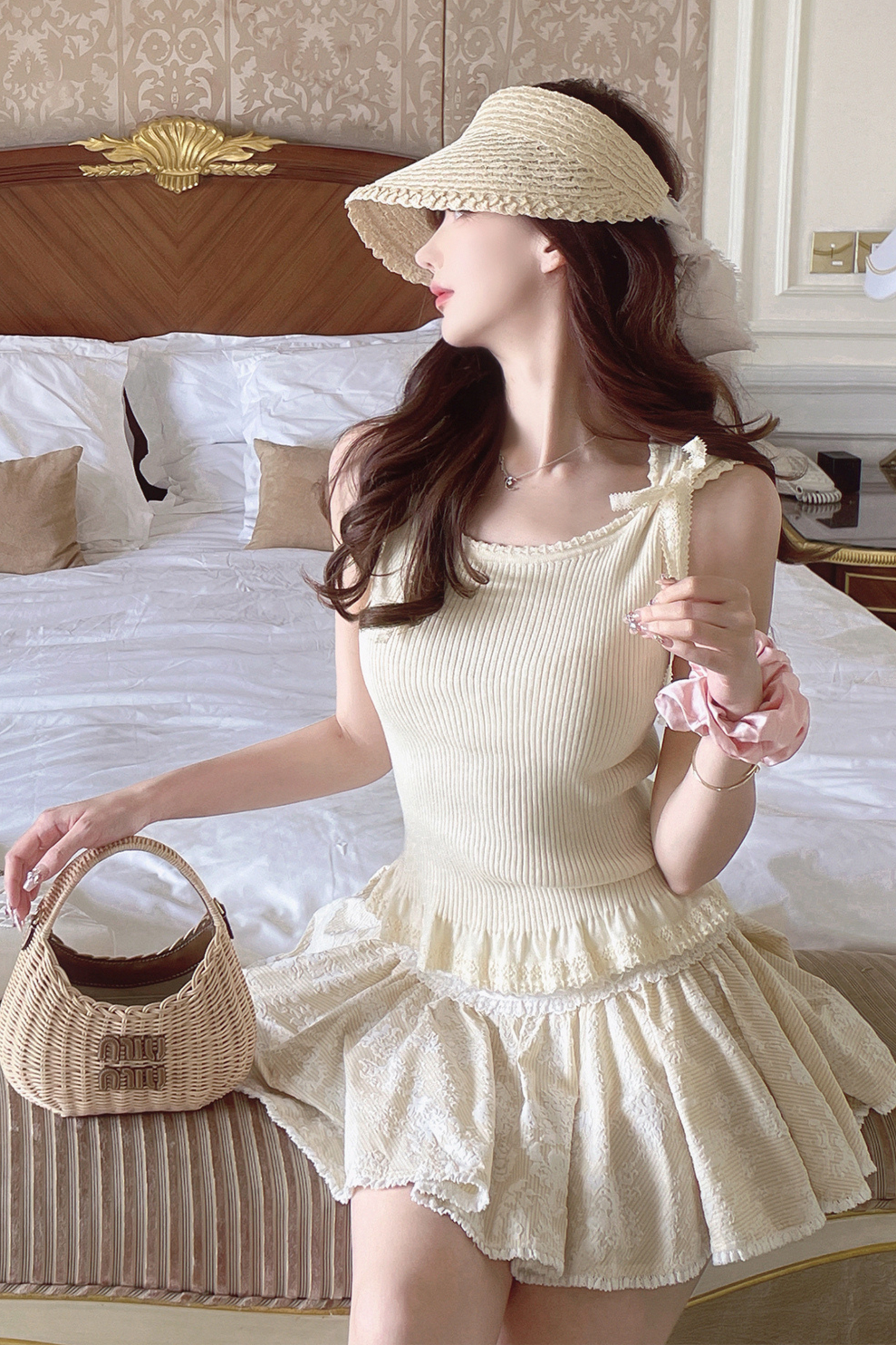 レースニットリボンショルダーキャミソール