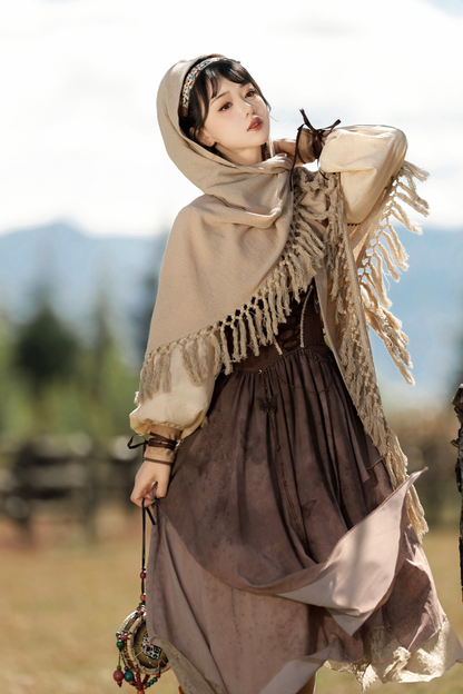 サンセット民族フードケープ+サスペンダースカート+トップス