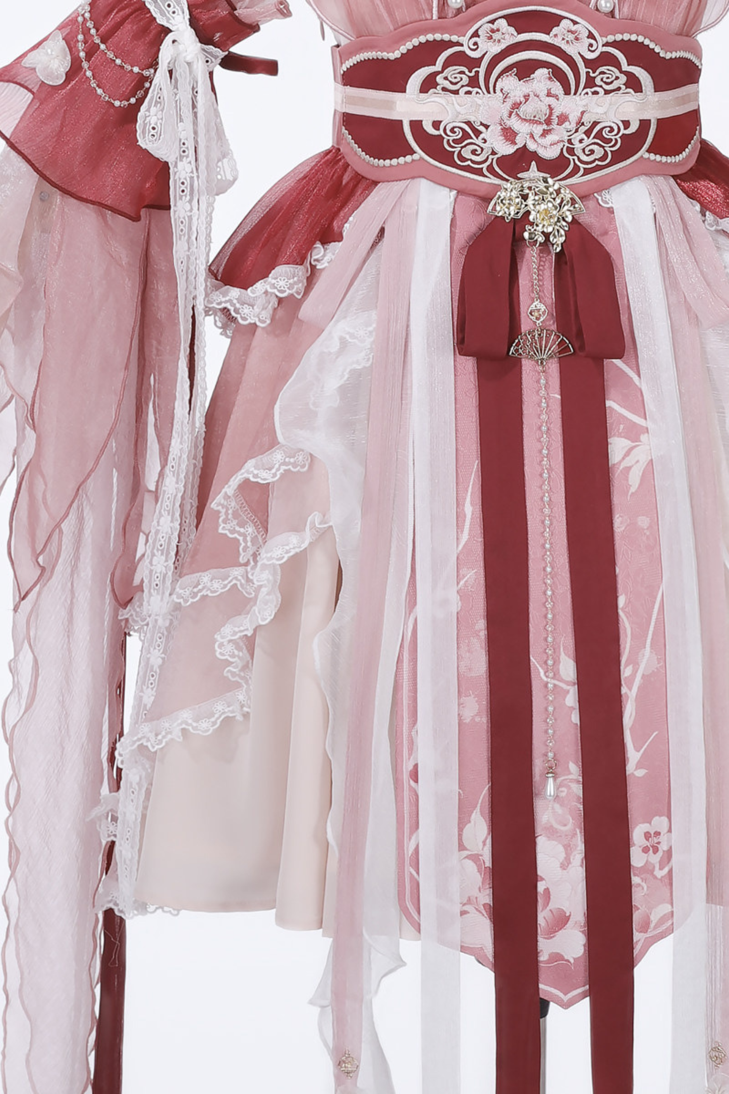 中国风印花羽毛连衣裙+羽毛袖+腰带