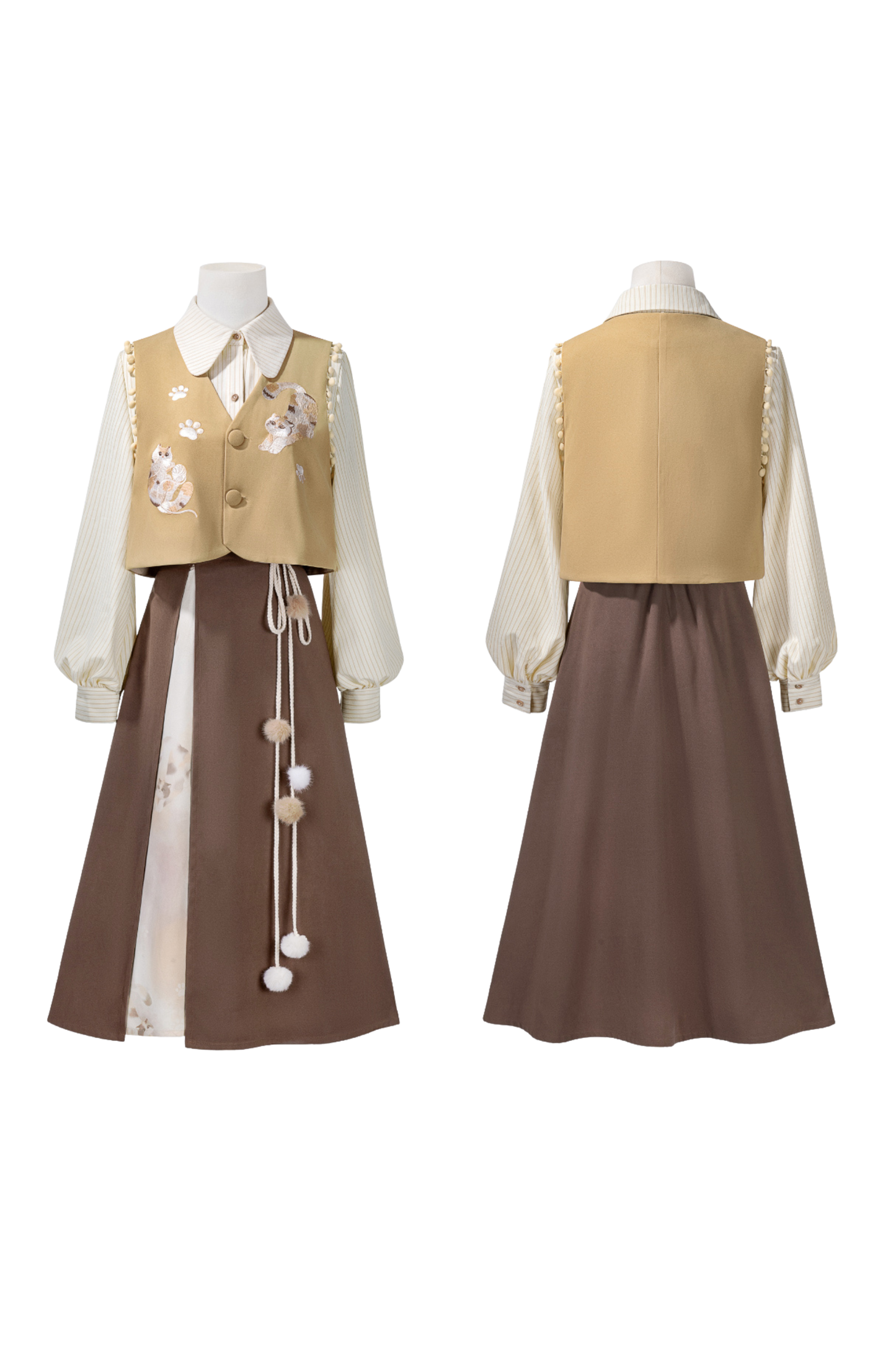 レトロキャットベスト+トップス+スカート