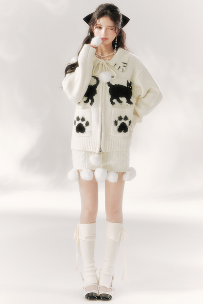 Cat Ball French Knit Sweater + Fur Skirt