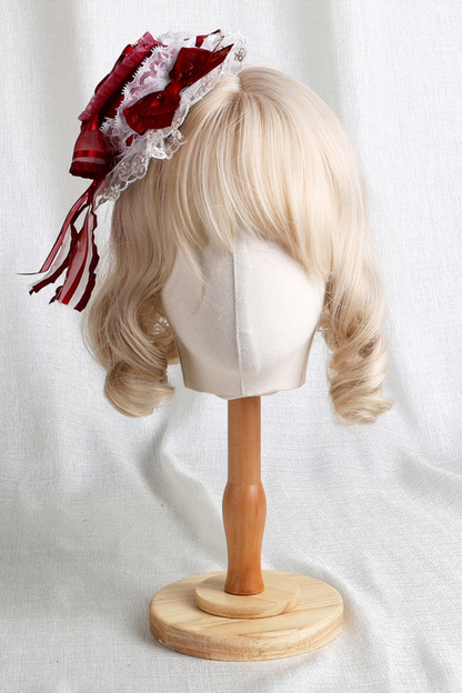 ローズレースロリータボンネット+ハット+ヘアバンド+クリップハット+クラウン