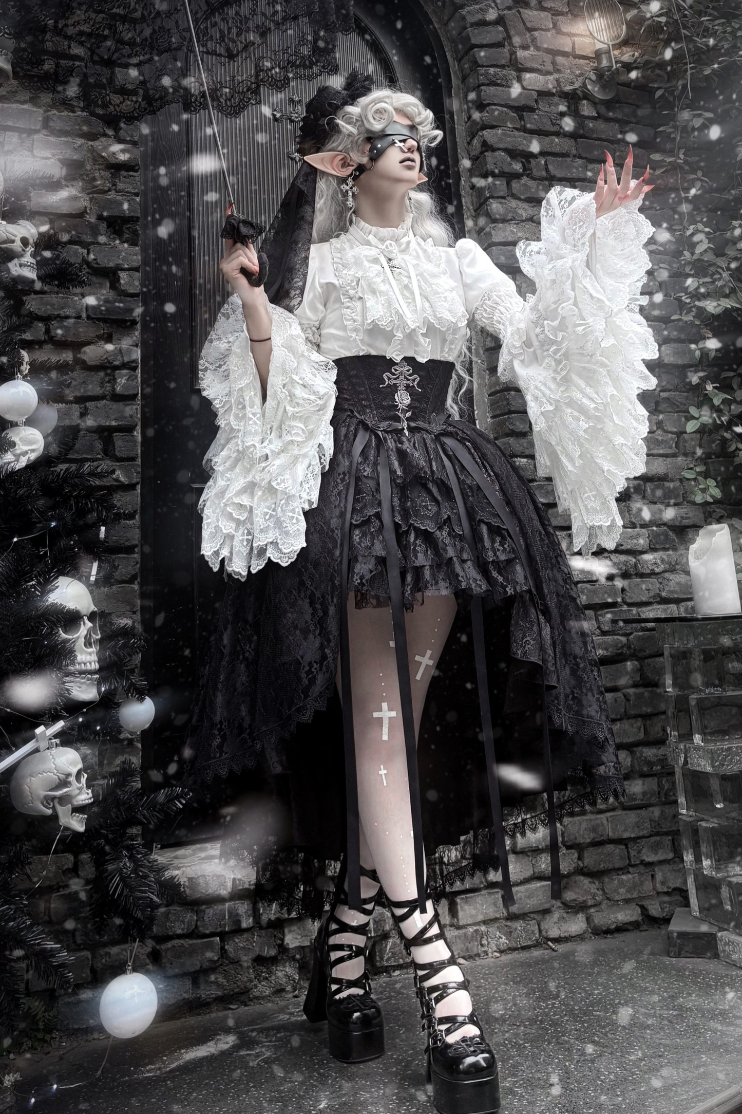 【Vorbestellung bis 18. März】 Dark Kawaii Gothic Lolita Rock + Shirt + Haarband + Hut + Ärmel