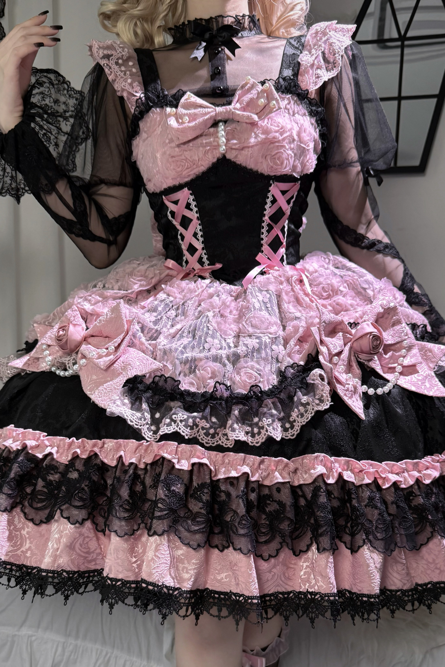 ローズフリルプリンセスジャンパースカート+バッグリボン+ボンネット