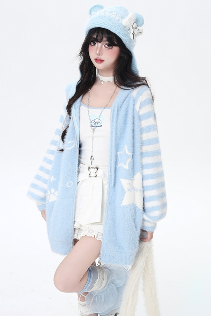 Star Line Striped Hooded Knit Cardigan