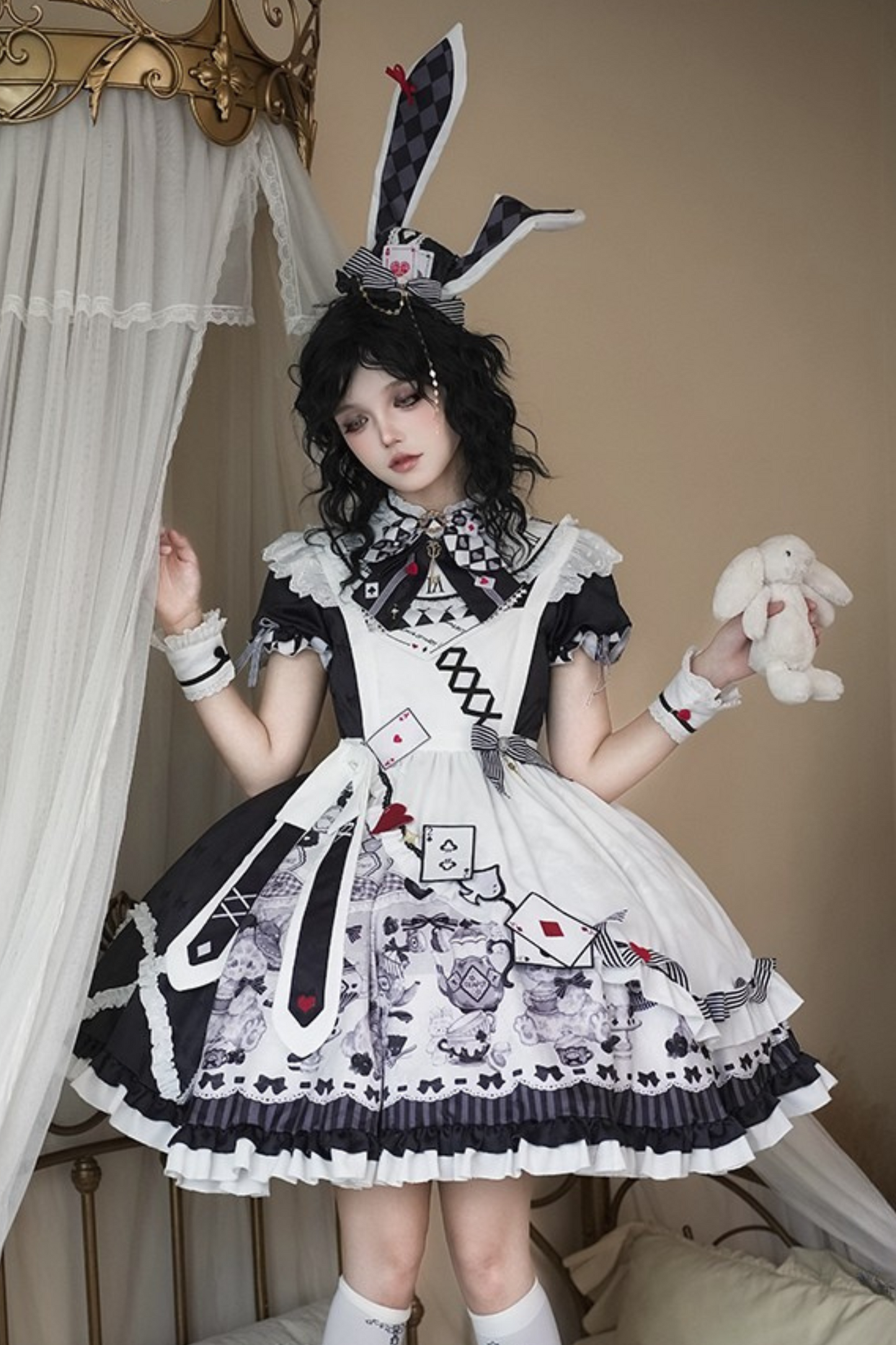 【数量限定】アリスティーパーティーアシメエプロンドレス＋うさ耳ハットドレスフルセット