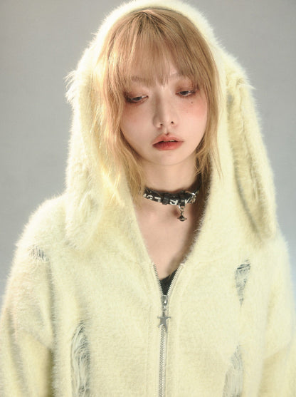 Bunny-Ear Hooded Ripped Shaggy Fur Knit Cardigan