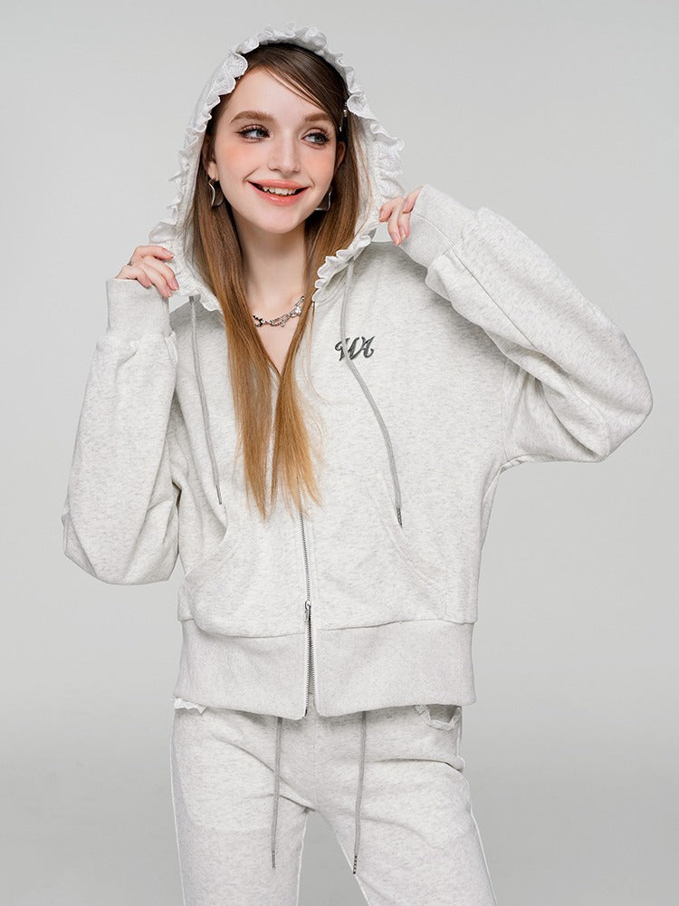 Veste sweat zippée à capuche en dentelle + pantalon