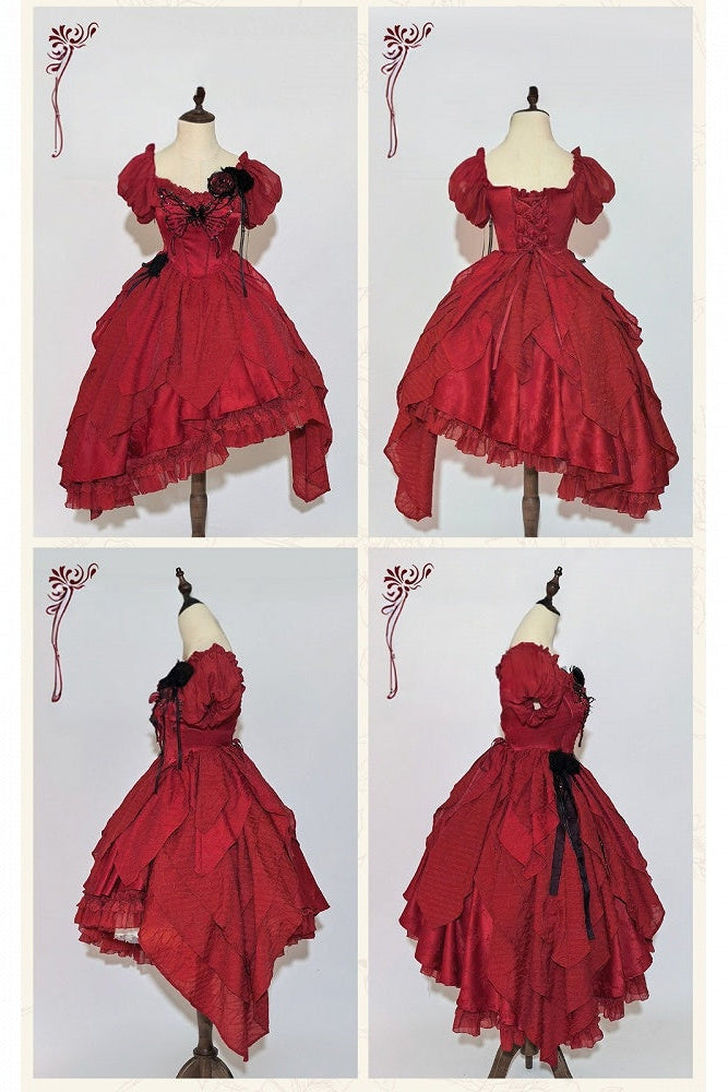【10月28日予約締切】Red Butterfly Gothic Lolita Puff Sleeve Dress Top + Layered Ruffle Asymmetrical Hem Skirt Set (With Chest Brooch + Waist Brooch)