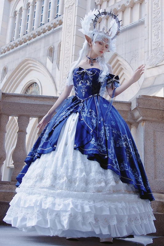 【5月3日予約締切】ダークブルーホワイトコルセットレースリボンロリータJKSプリンセスドレス＋コンプリートセット