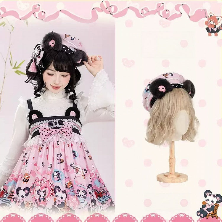 [Reservierungsschluss am 1025] Pink/Grüne Chinoiserie-Lolita-Sweet-Panda-Serie Accessoires (Teetassen-inspirierter Minihut, Pandaohren-Haube, Pandaohren-KC, Pandaohren-Barett, Haarclip, Halskette, Handtasche, Quastenbrosche, Socken)