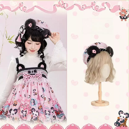 [Reservierungsschluss am 1025] Pink/Grüne Chinoiserie-Lolita-Sweet-Panda-Serie Accessoires (Teetassen-inspirierter Minihut, Pandaohren-Haube, Pandaohren-KC, Pandaohren-Barett, Haarclip, Halskette, Handtasche, Quastenbrosche, Socken)