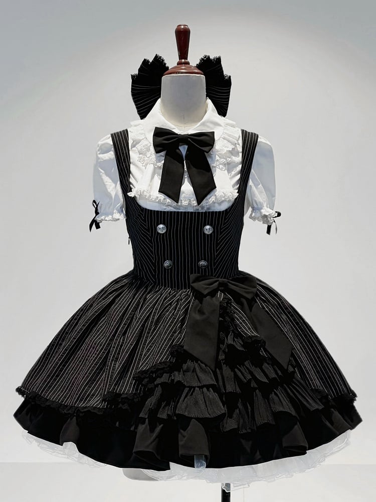 [Scadenza prenotazione 4 giugno] Blusa bianca con volant, jabot e fiocco gotico + completo con abito scamiciato a righe nere e fiocco + cerchietto con fiocco