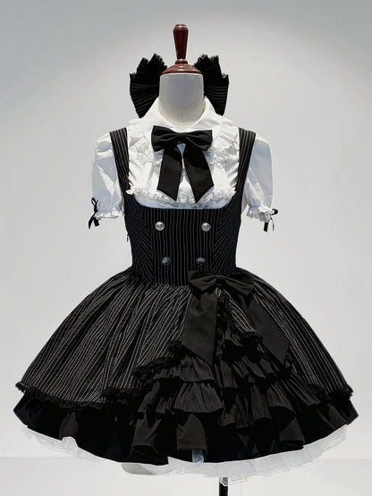 [Scadenza prenotazione 4 giugno] Blusa bianca con volant, jabot e fiocco gotico + completo con abito scamiciato a righe nere e fiocco + cerchietto con fiocco