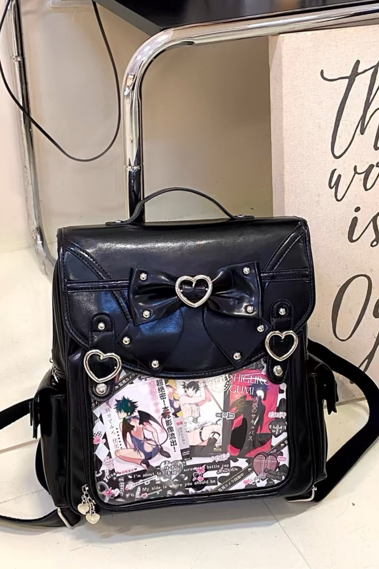 Ring heart ribbon leather pain bag