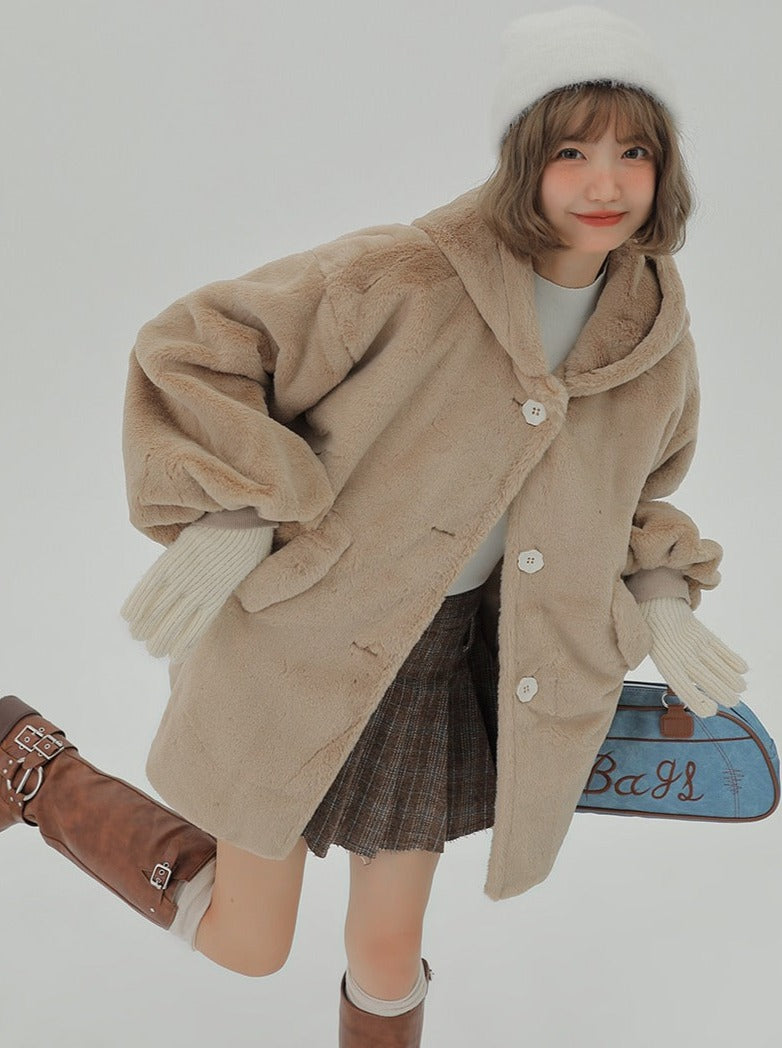 Velvet fur hooded long coat + hooded short coat