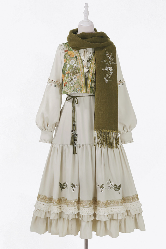 パストラルロリータロングスリーブドレス+ベスト+スカーフ