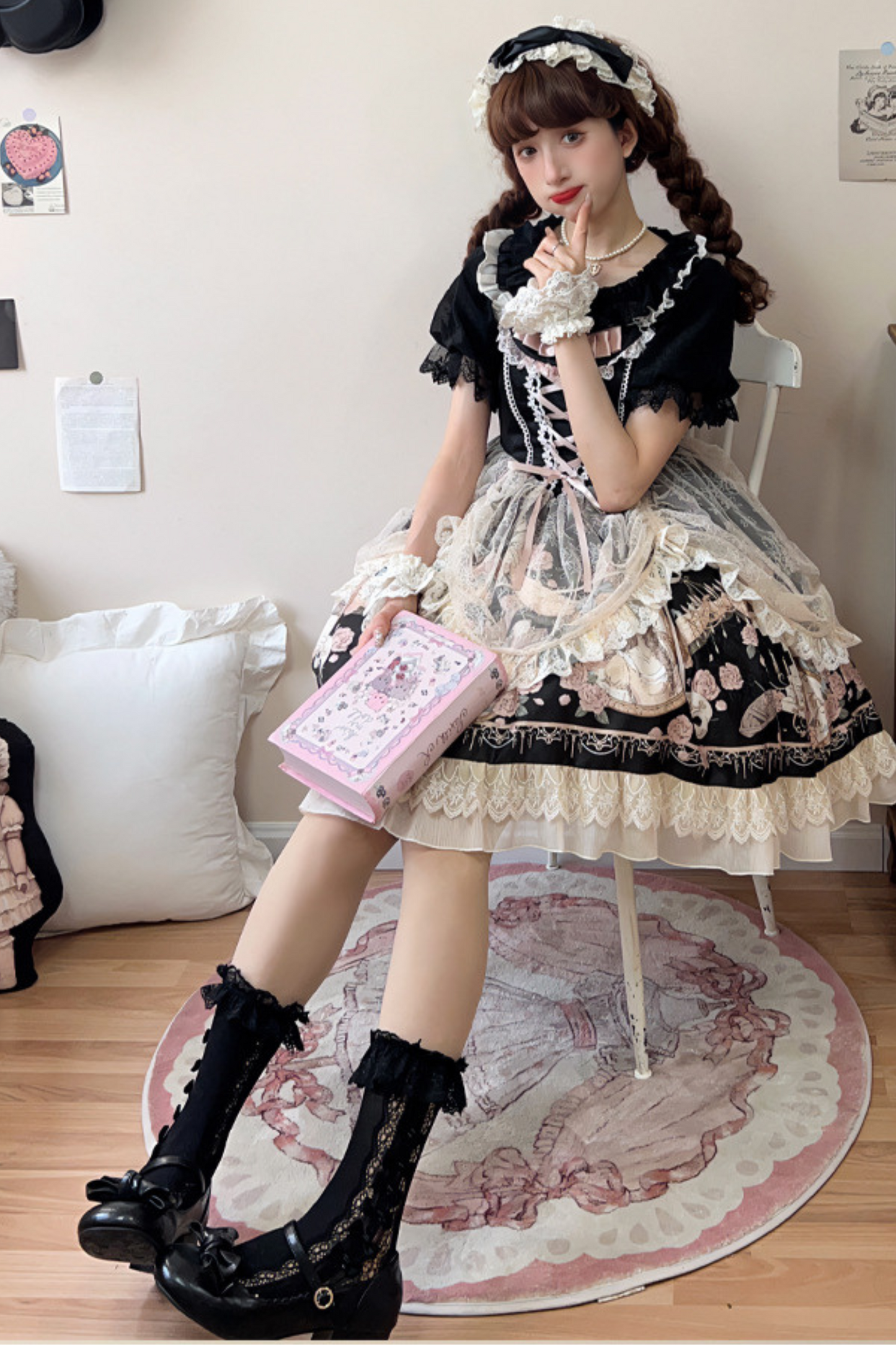 Daily Color Sweet Princess Jumper Skirt + Lace Doll Shirt