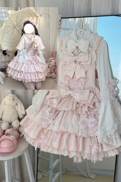 レイヤーフリルスイートプリンセスロリータジャンパースカート+テール+ヘアバンド+ケープ+ボンネット