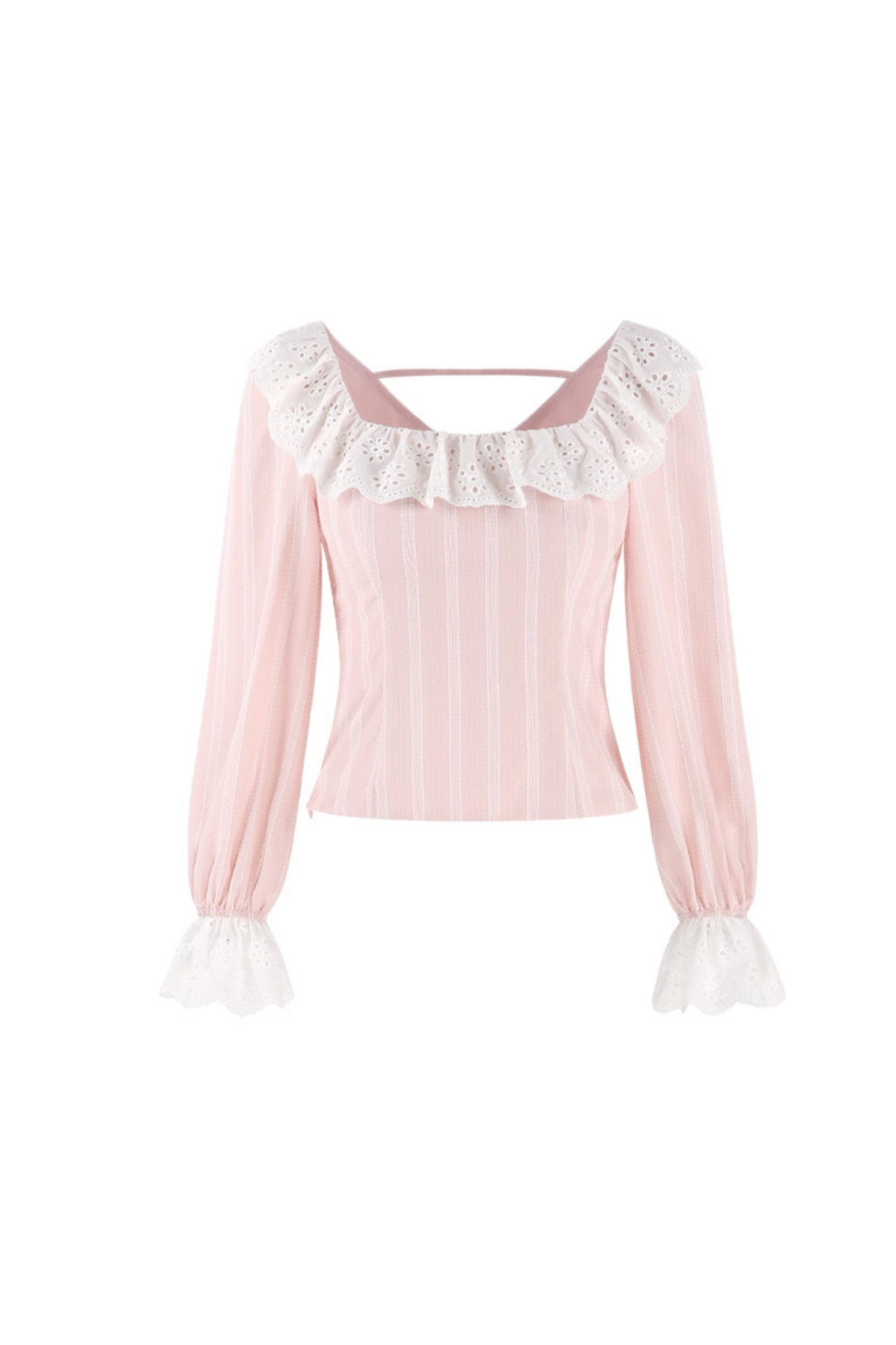 Pink Striped Lace Trim Blouse + Ruffled Shorts