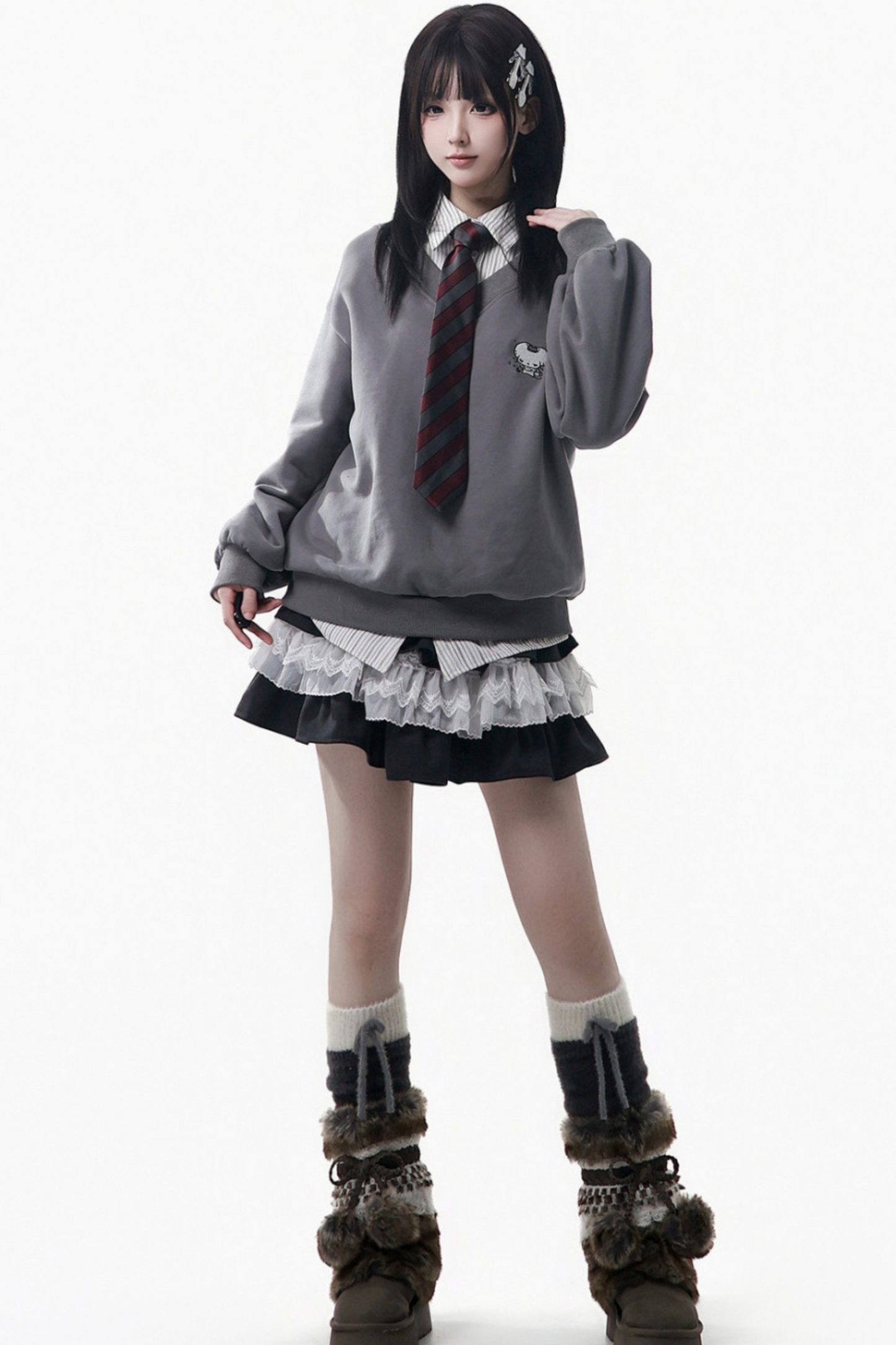 ビッグファーカラージャケット+トップス+スカート+パンツ+チェックフードジャケット