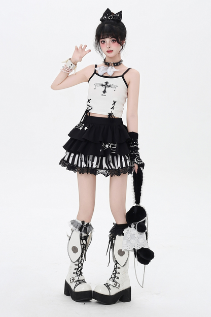 モノクロレースケーキスカート