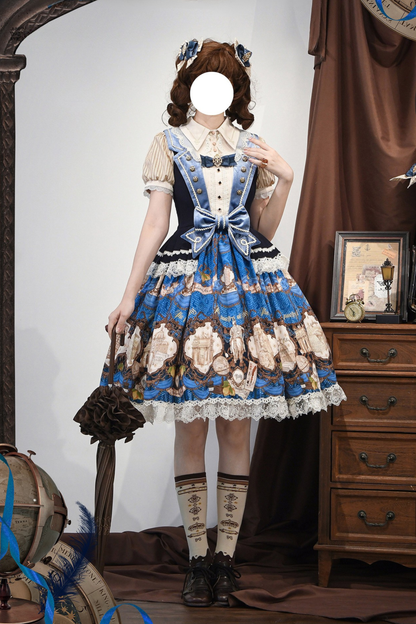 [Reservation Deadline: November 6] Navy Blue/Brown Classic Italian Travel Diary Lolita Vintage Print Bow Bustier JSK Dress with Metal Buttons & Lace Detail