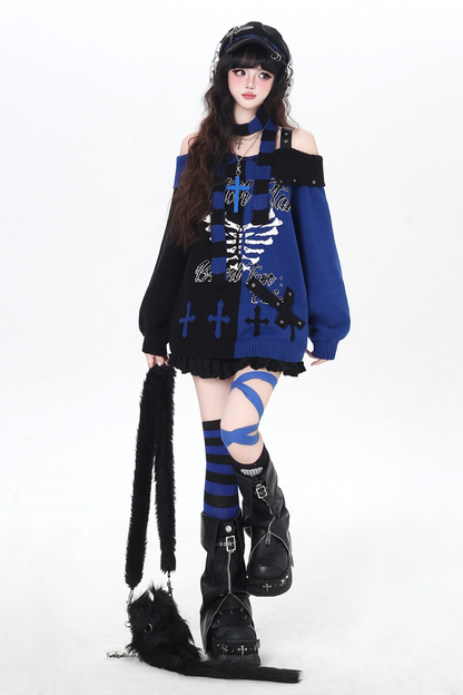 スカルボーンゴシックオフショルダートップス+スカーフ