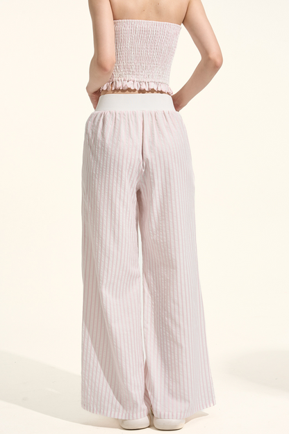 ストライプシャツ+ルーズパンツ+バンドゥ