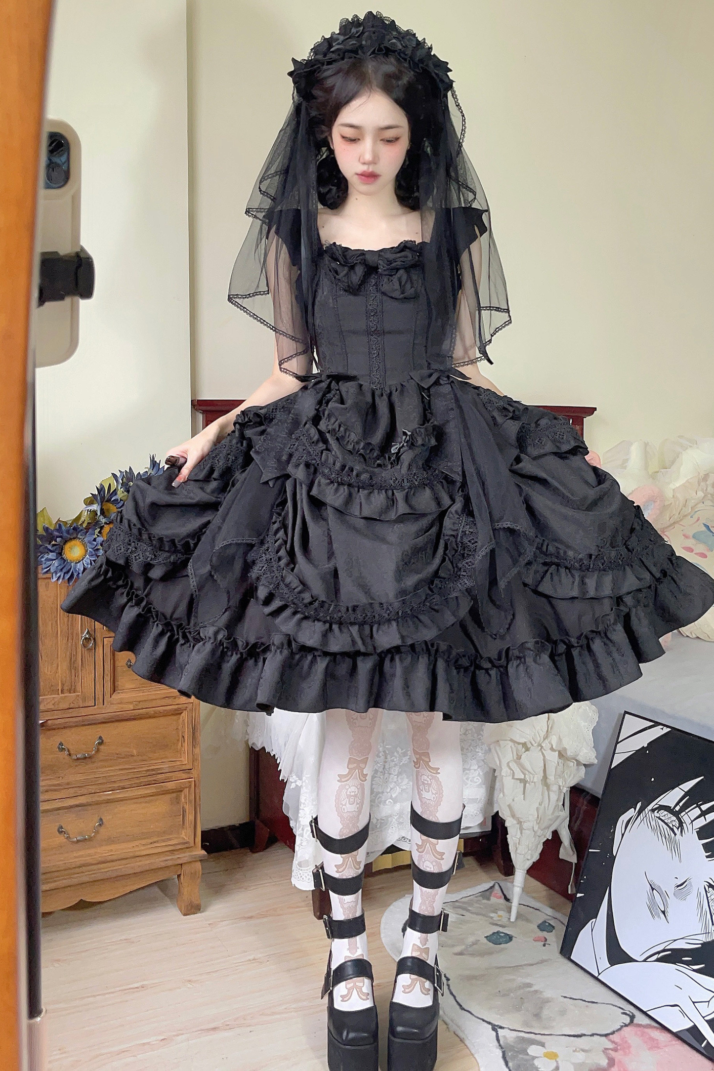 Dark Gothic Ribbon Lolita Dress + Waist Belt + Train + Hairband