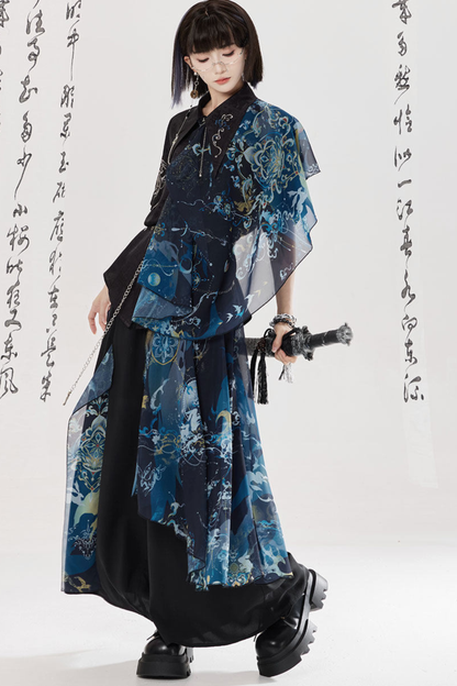 ダークチャイナシャツ+ワイドレッグパンツ+チェーン+ベルト