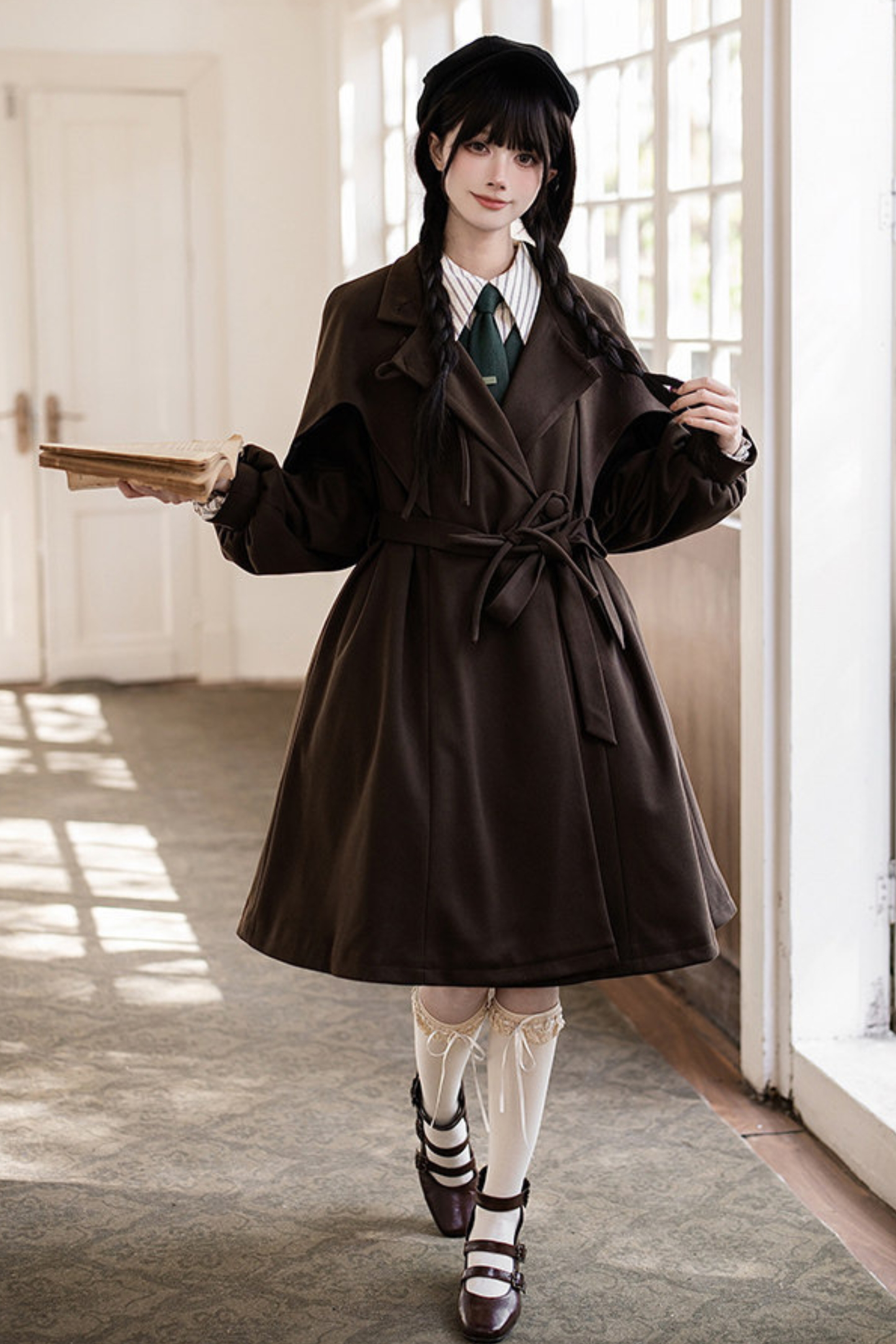 Baker Street Cloak Coat + Striped Dress + Pumpkin Pants + Hat