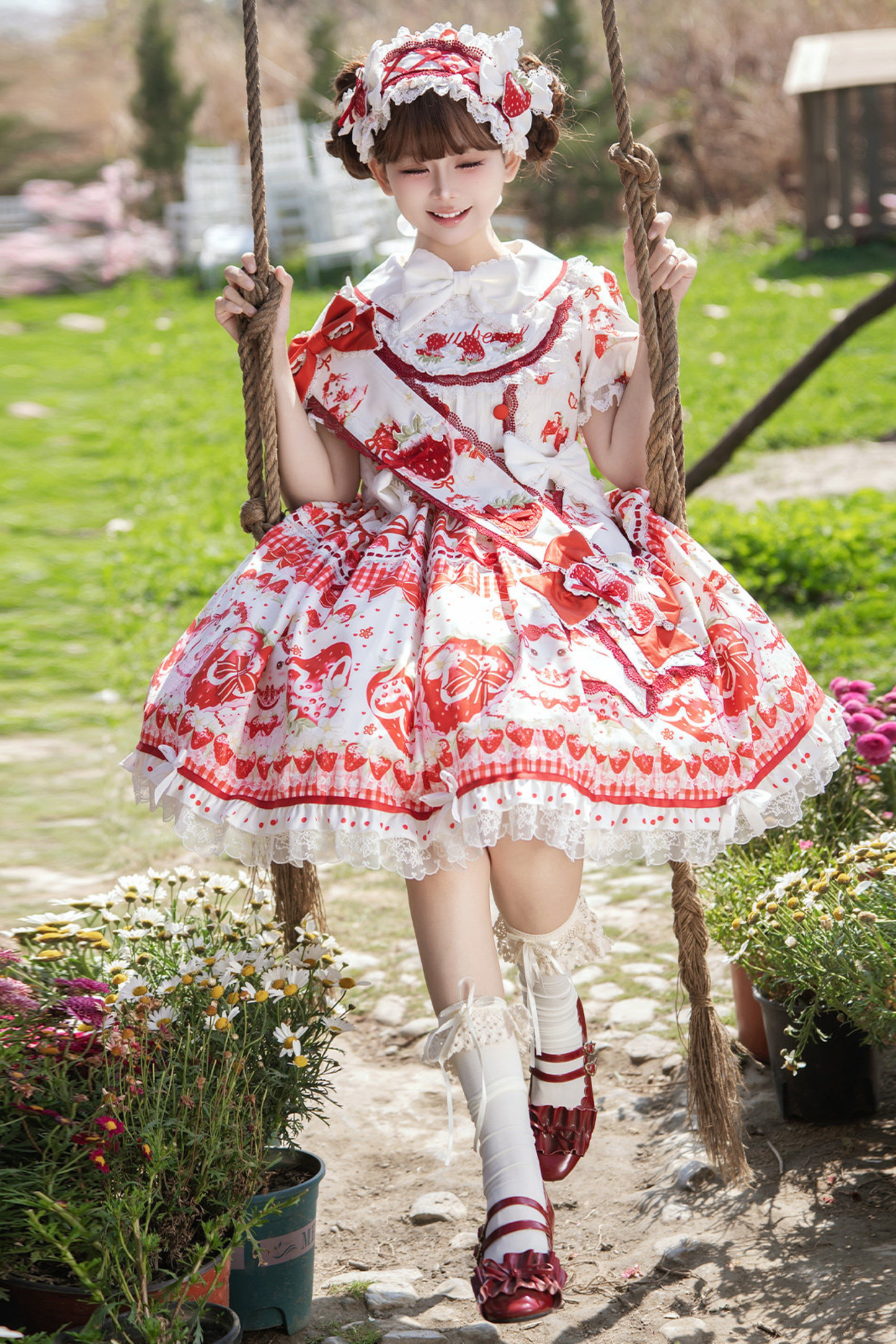 レッドベリーロリータドレス+リボン+ヘアバンド