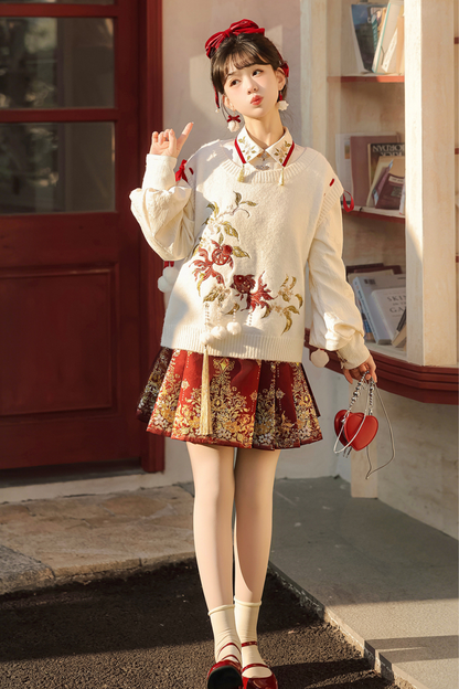 チャイナスノーニットベスト+シャツ+スカート