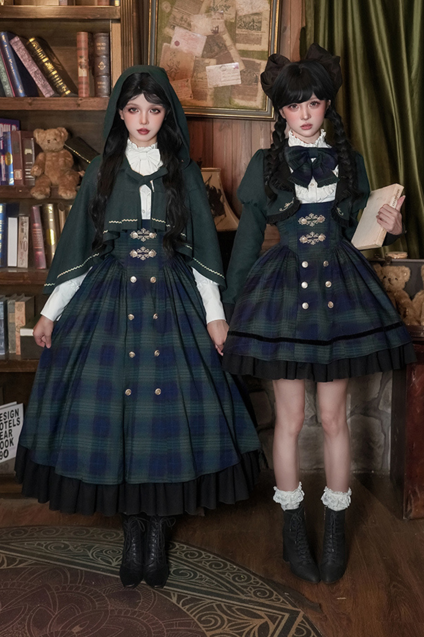 レトロカレッジスタイルチェックロリータスカート＋ジャケット＋マント＋ブラウス＋リボン＋ネックレス