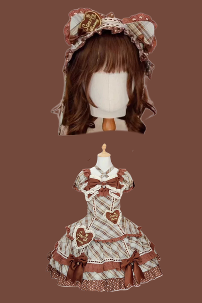 Check Sweet Girly Lolita Tiered Dress + Headband + Hairband