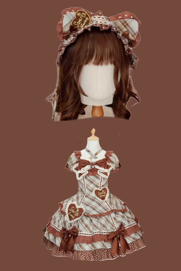 Check Sweet Girly Lolita Tiered Dress + Headband + Hairband