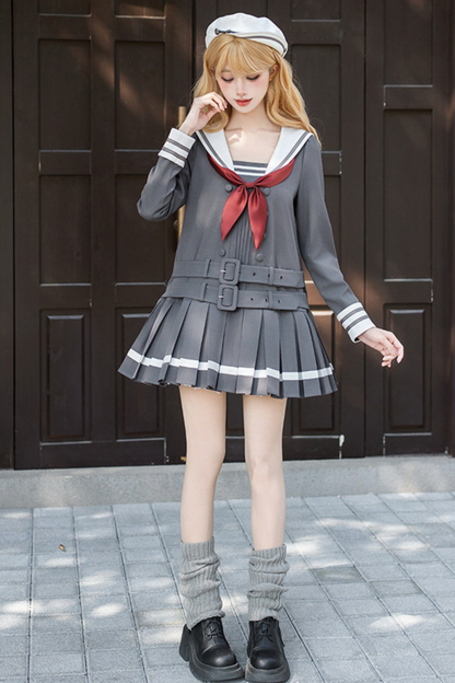 Robe collège plissée à col marin + Ruban + Chapeau